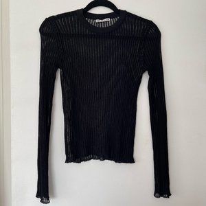 Zara Black Ribbed Knit Sheer Top Size Small